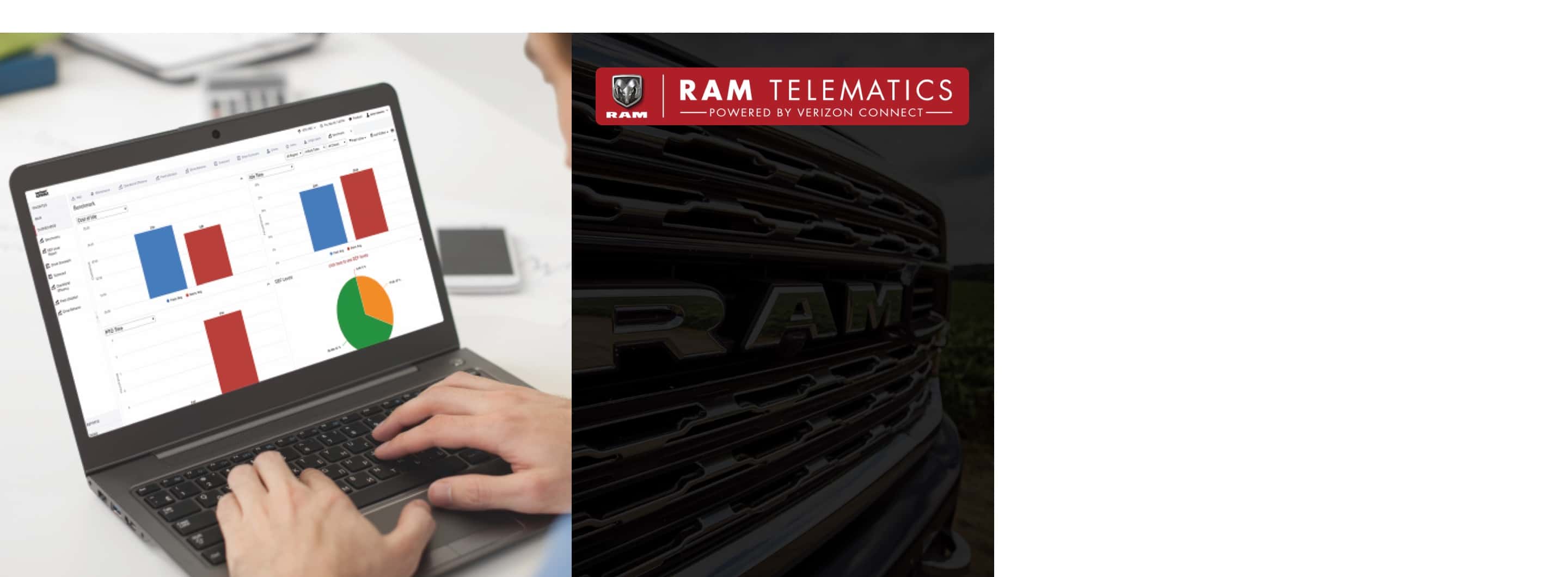 Una pantalla de laptop mostrando gráficos de tres barras y un gráfico circular. Ram Telematics desarrollada por Verizon Connect.