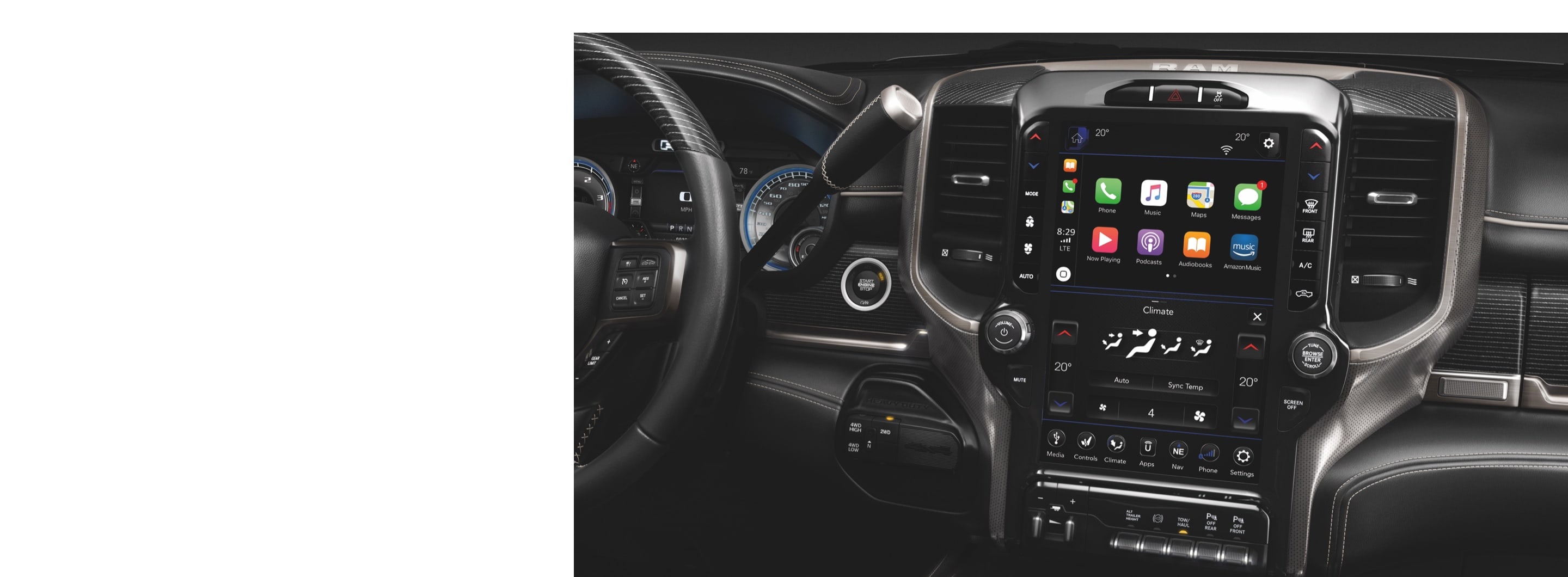 Iconos de Apple CarPlay en la pantalla táctil de la Ram Chassis Cab 2020.