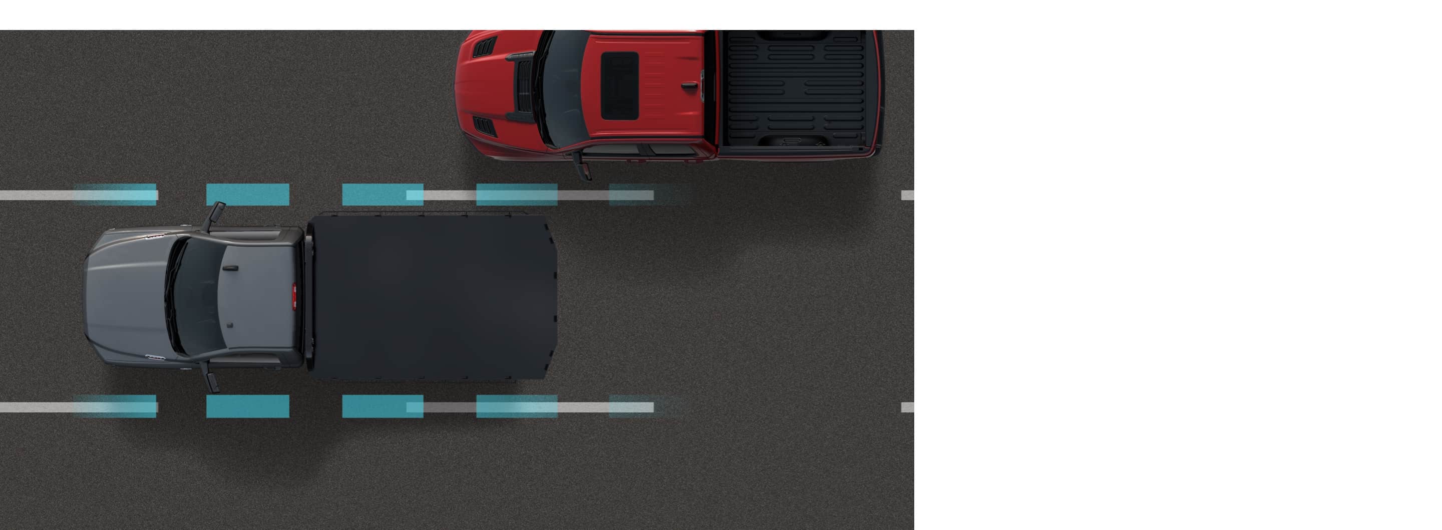 Ilustración de los sensores a ambos lados de una Ram 1500 2020 que detectan las marcas de los carriles en el camino.