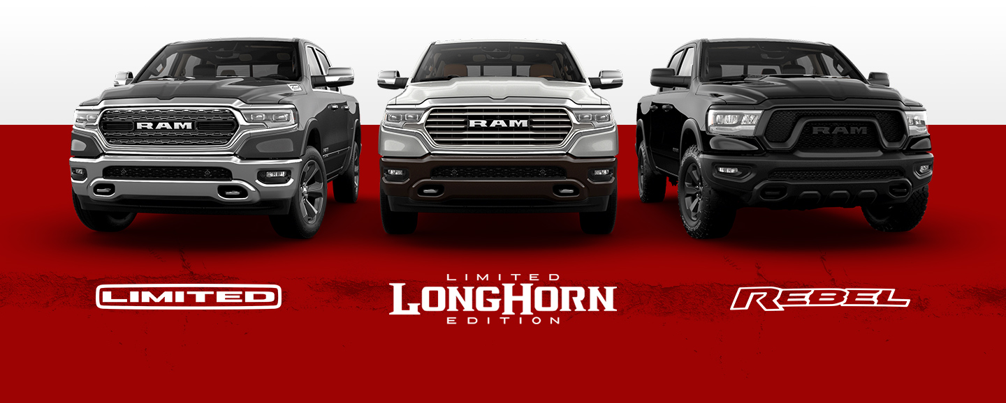 Una imagen deslizante que muestra tres de las versiones de la Ram 1500 2021: Limited, Limited Longhorn Edition y Rebel.