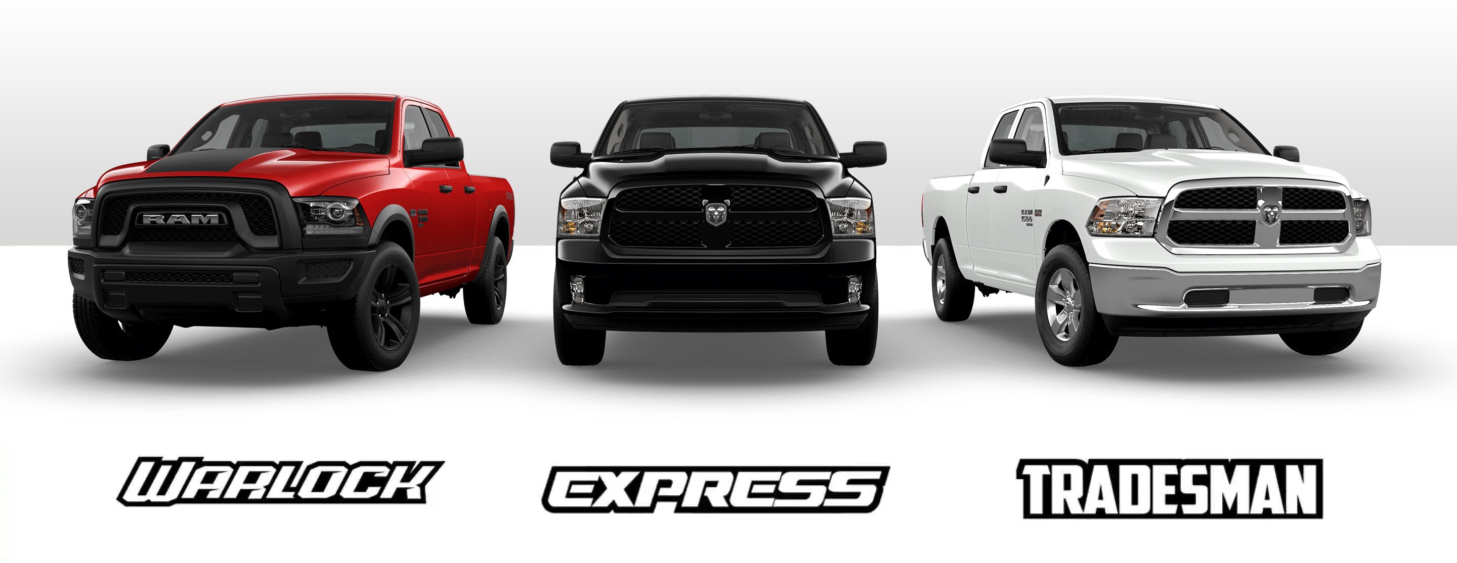 Una imagen deslizante que muestra tres de las versiones de la Ram 1500 Classic 2021: Warlock, Express y Tradesman.