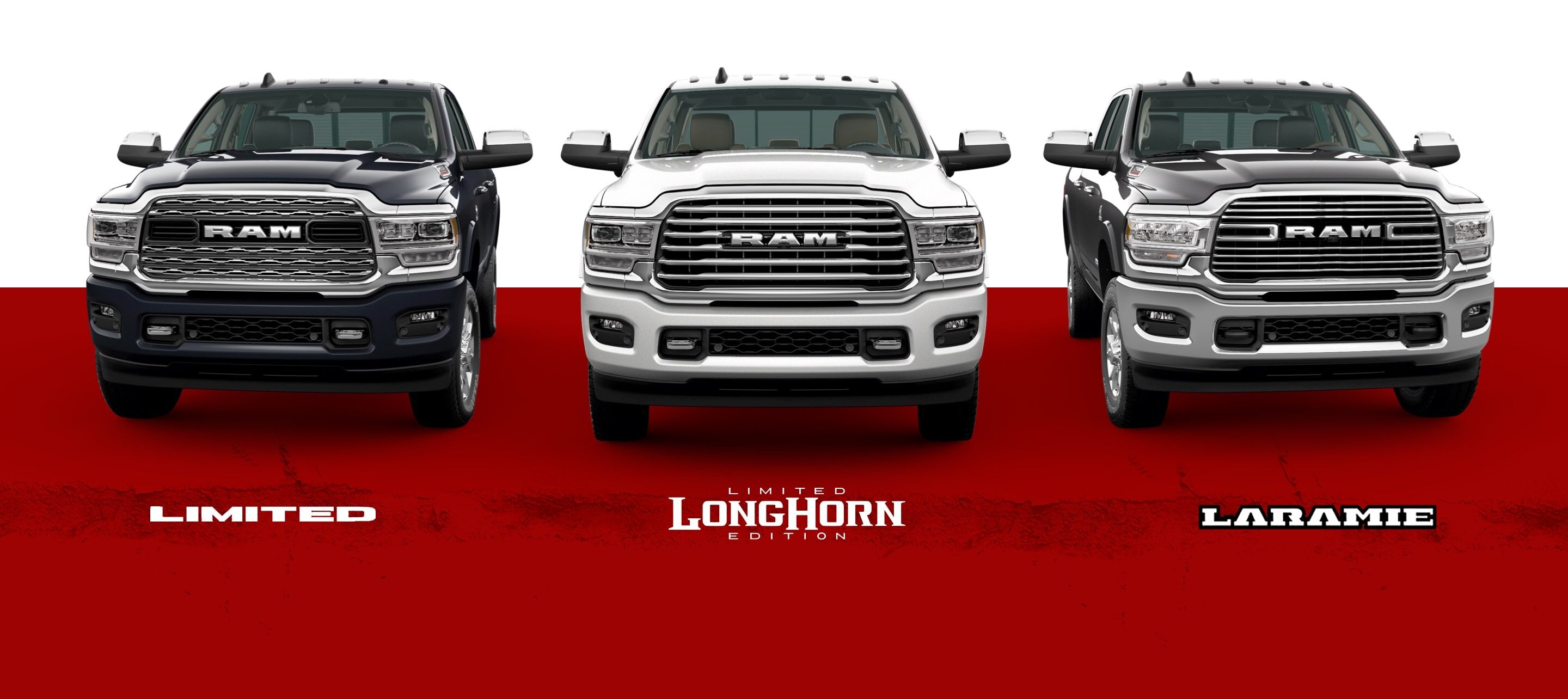 Una imagen deslizante que muestra tres de las versiones de la Ram 2500 2021: Limited, Limited Longhorn Edition y Laramie.