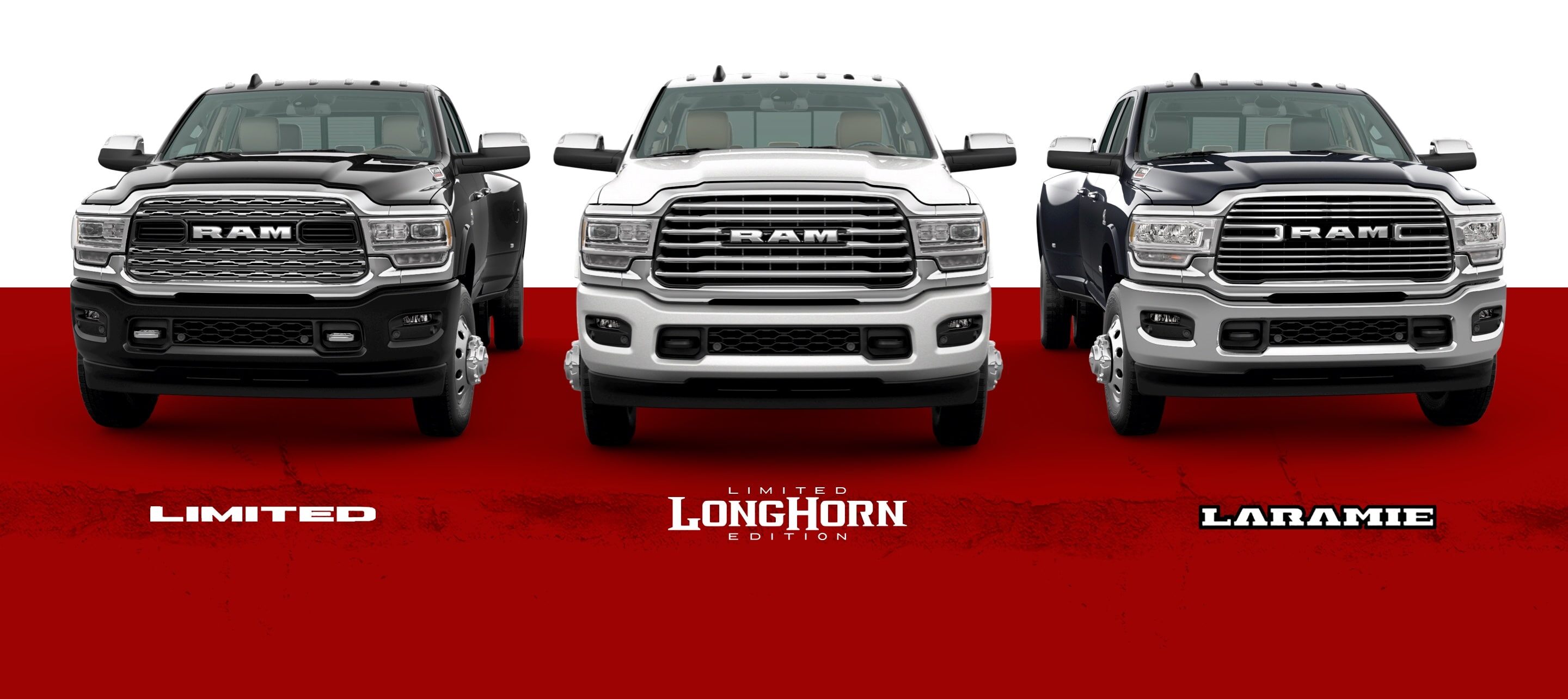 Una imagen deslizante que muestra tres de las versiones de la Ram 3500 2021: Limited, Limited Longhorn Edition y Laramie.