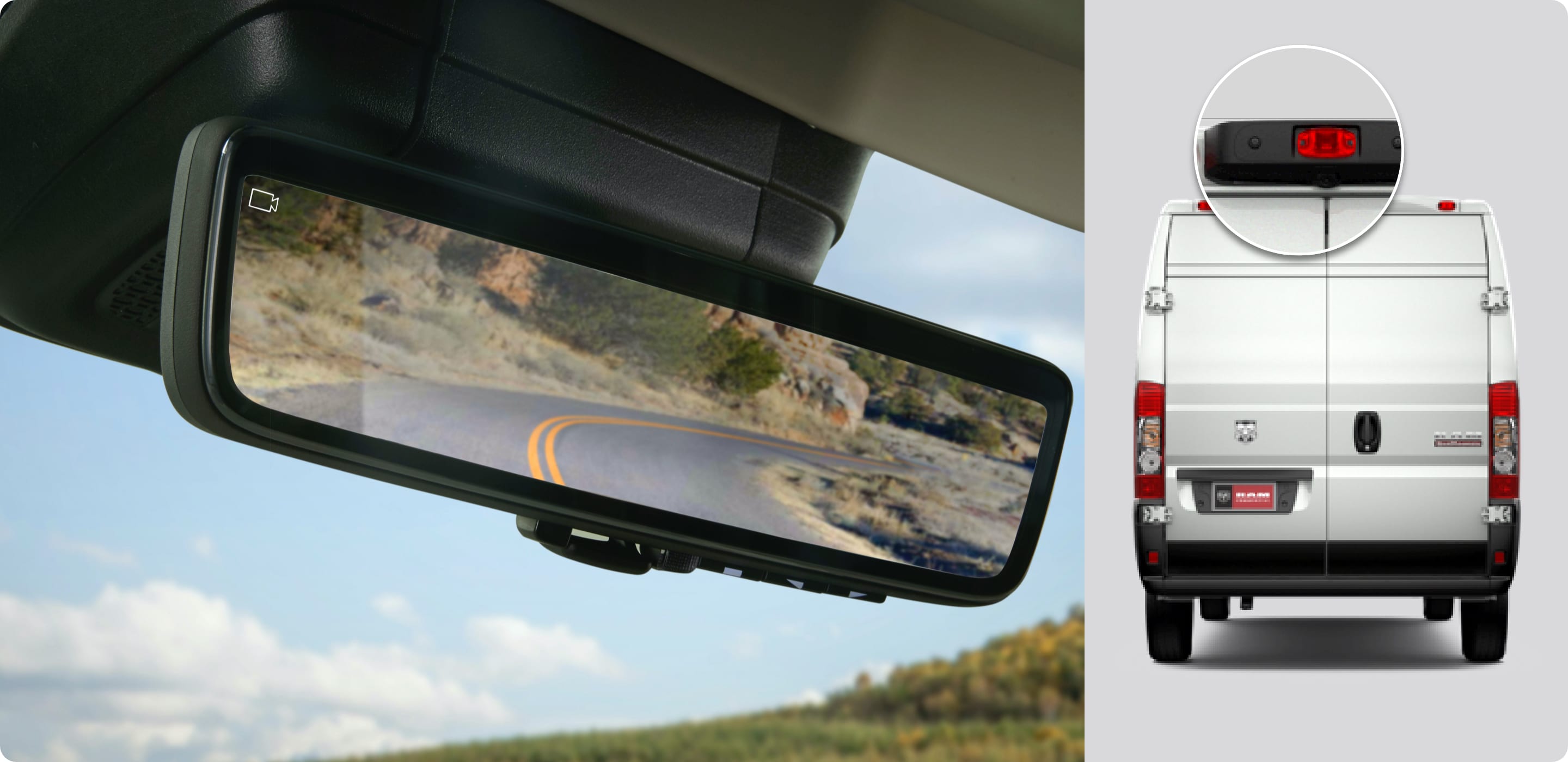 Se muestra un primer plano del espejo retrovisor digital en la Ram ProMaster 2021 junto a un primer plano de la cámara orientada hacia atrás en la parte trasera del vehículo.