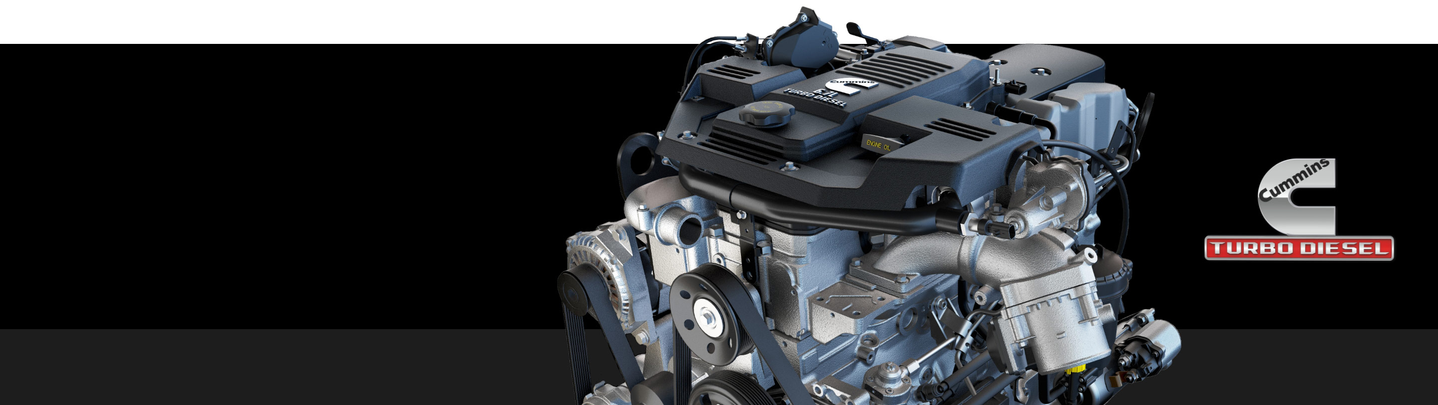 Logo de Cummins Turbo Diesel. Primer plano del motor Cummins I6 turbodiésel 6.7L.