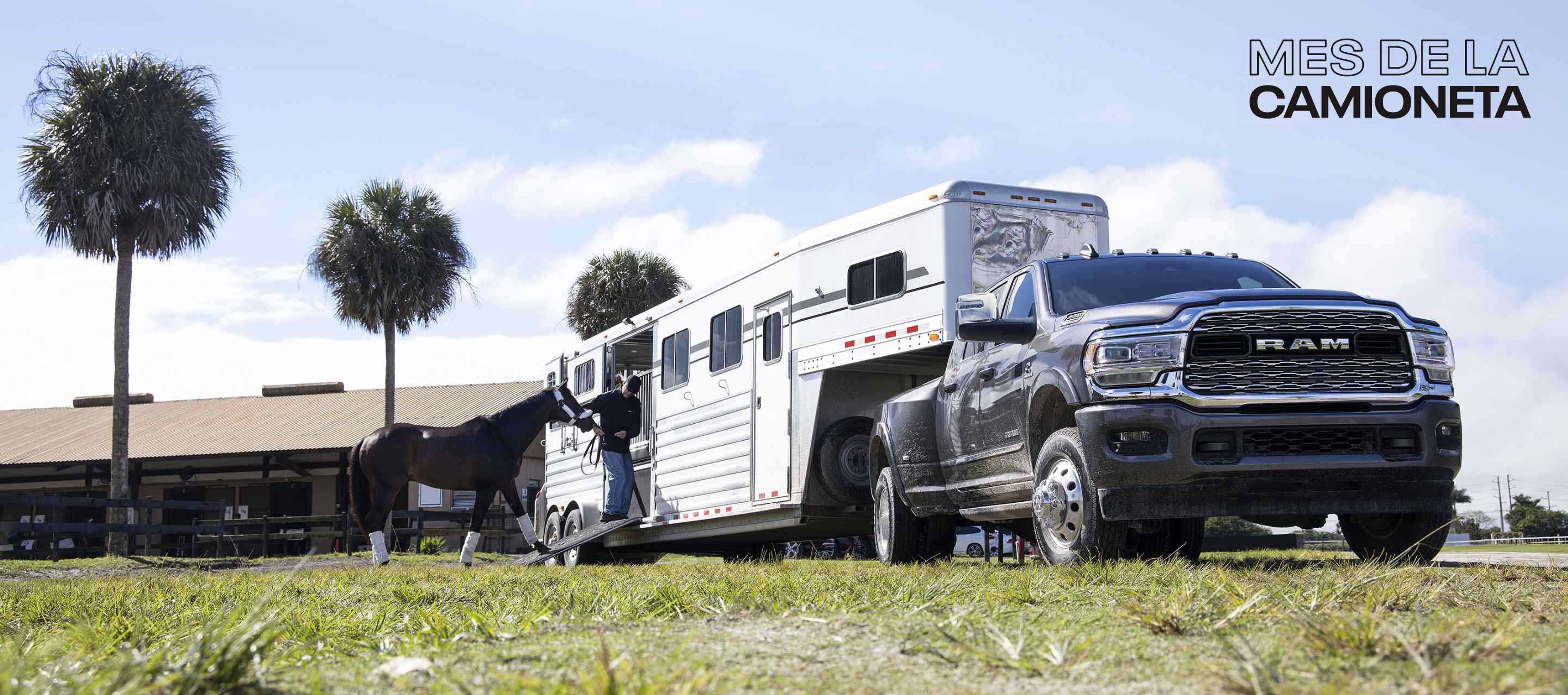 Una Ram 3500 Limited 4x4 Crew Cab 2024 acarreando un remolque de quinta rueda para caballos, con un hombre guiando un caballo hacia el remolque. Evento de ventas Mes de las camionetas.