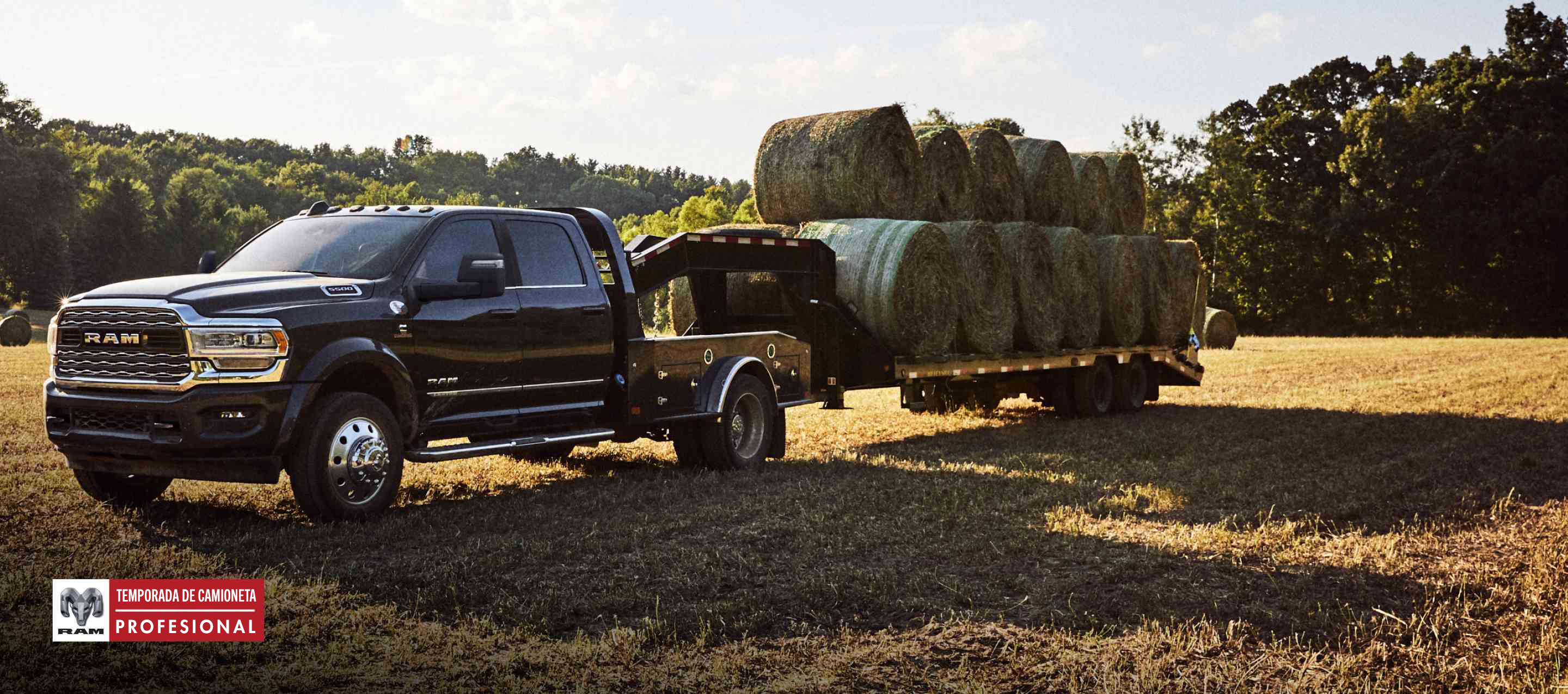 Una Ram 5500 Limited 4x4 Chassis Crew Cab 2024 negra con un remolque de cuello de cisne cargado con varios fardos de heno, estacionado en un campo abierto. Temporada de camionetas Ram Professional.