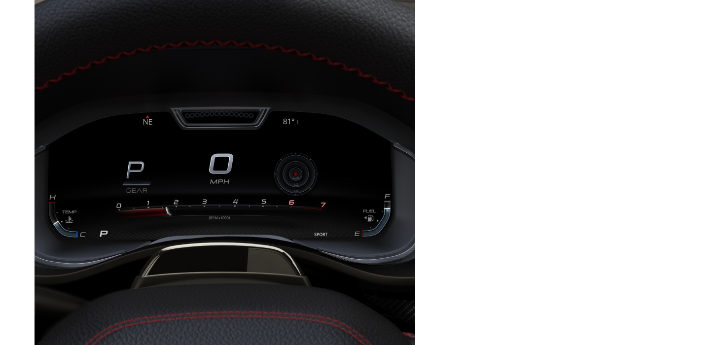 El panel de instrumentos digital de la Ram 1500 SRT TRX 2027 donde se observa un​​​​​​​a página de rendimiento.