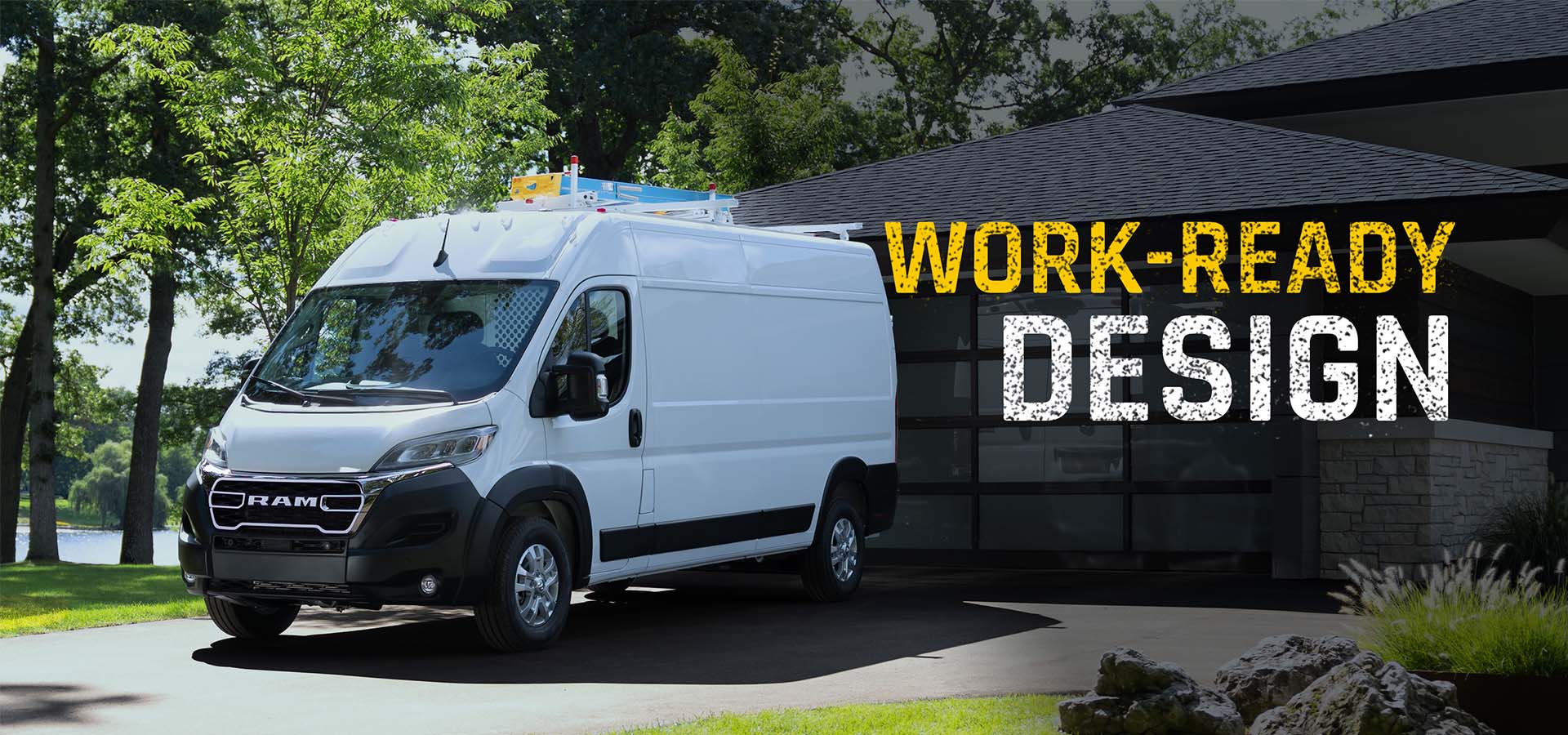 A white 2027 Ram ProMaster 3500 SLT High Roof Cargo Van with a ladder on its roof, parked in the driveway of a neighborhood home. Work Ready Design.