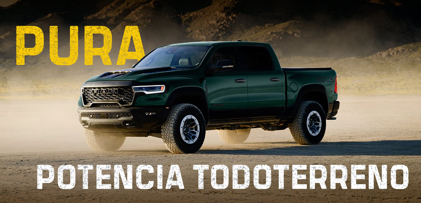 Una Ram RHO 1500 4x4 Crew Cab 2027 verde con perfil angular. Pura potencia todoterreno.