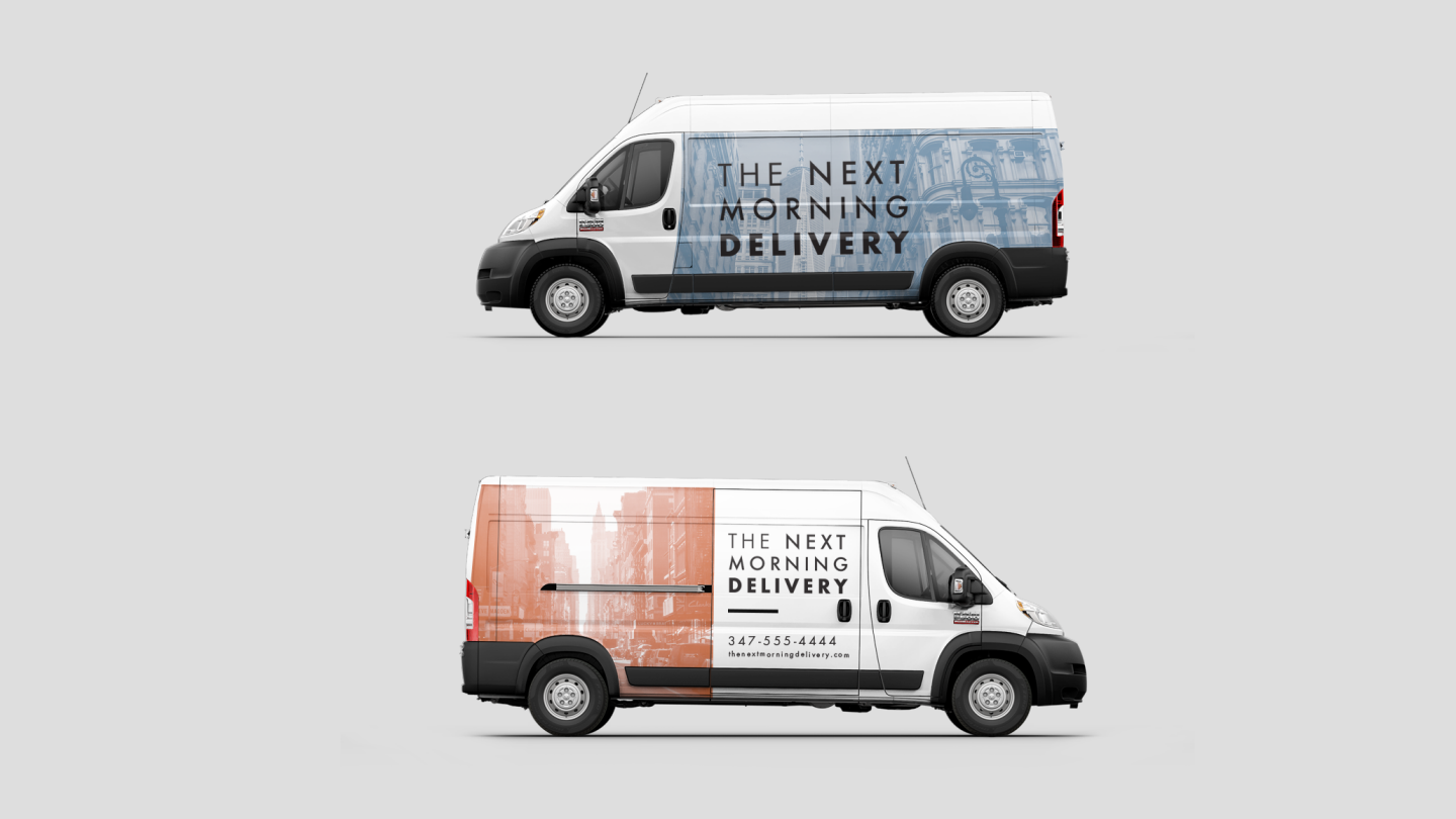 Dos vistas de una Ram ProMaster Cargo Van mostrando gráficos personalizados para una empresa de entregas.