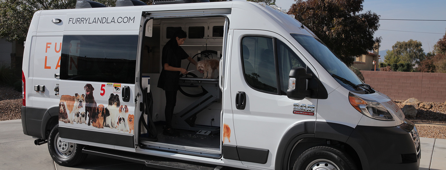 Una mujer, parada en una van Ram ProMaster 2018 con publicidad de Furry Land, baña un perro dentro de la van.