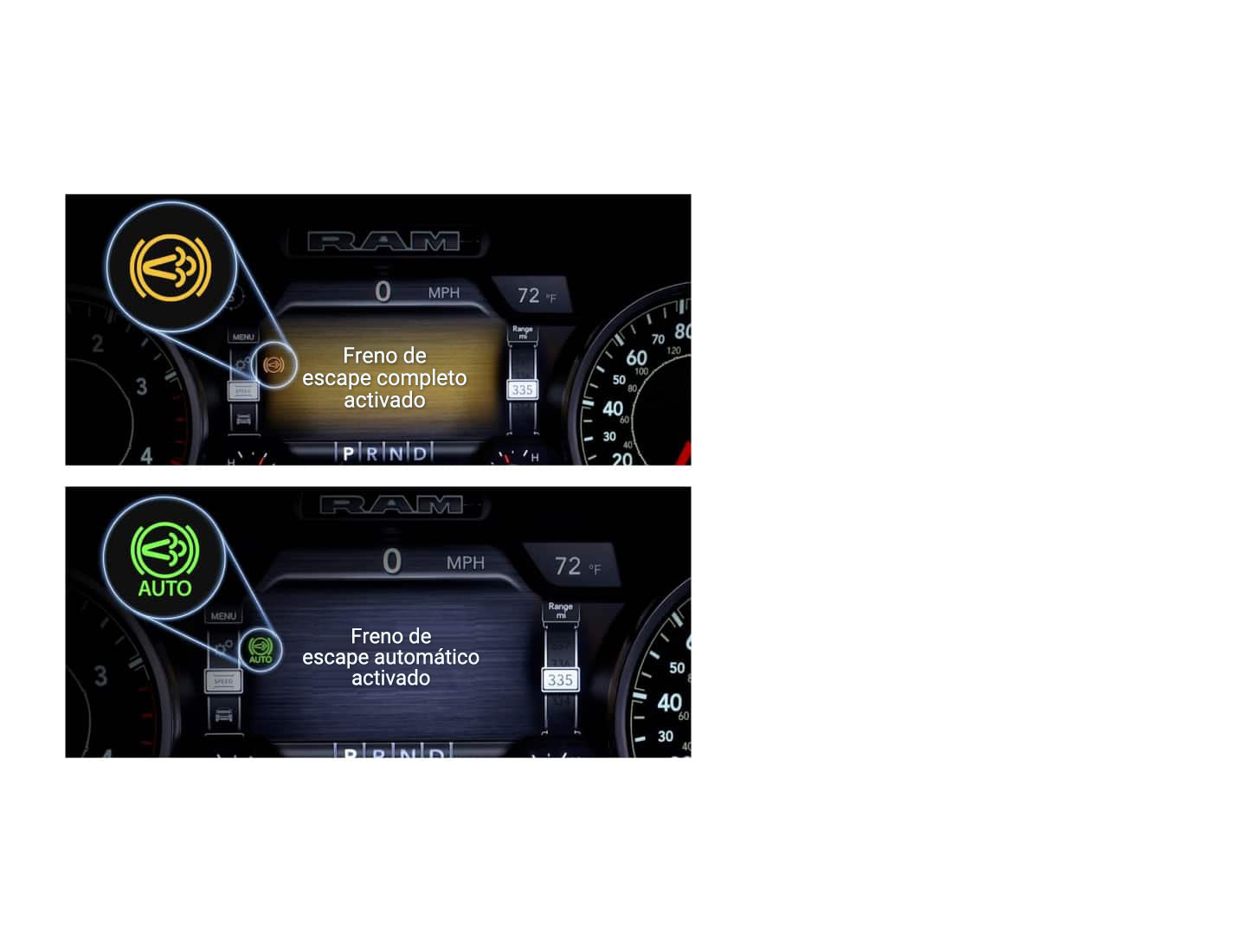 Dos pantallas en el panel de instrumentos digital de una camioneta Ram 2027 de trabajo pesado, una que muestra "Freno de escape completo activado" con el indicador encendido en amarillo; y la otra que muestra "Freno de escape automático activado" con el indicador encendido en verde.